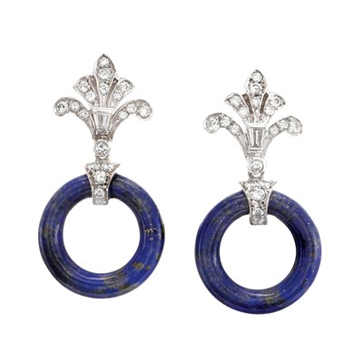 Lot 133 - Pair of White Gold, Diamond and Lapis Pendant-Earrings