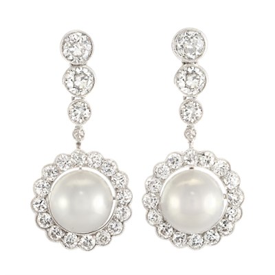Lot 126 - Pair of Platinum, Diamond and Freshwater Button Pearl Pendant-Earclips
