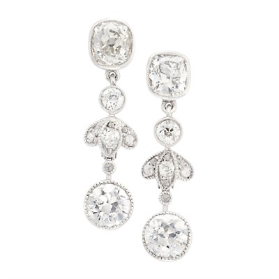 Lot 322 - Pair of Platinum and Diamond Pendant-Earrings