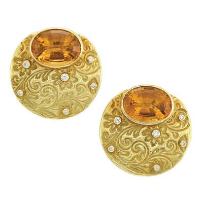 Lot 39 - Pair of Gold, Citrine and Diamond Earclips