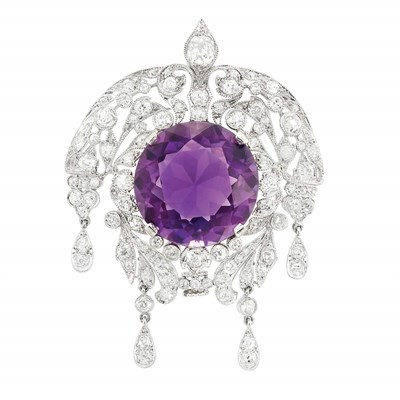 Lot 318 - Belle Epoque Platinum, Amethyst and Diamond Pendant