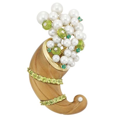 Lot 7 - Gold, Carved Wood, Peridot, Emerald, Cultured Pearl and Diamond Cornucopia Clip-Brooch, Seaman Schepps
