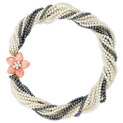 Lot 368 - Multistrand Cultured and Black Cultured Pearl Torsade Necklace with Carved Coral and Diamond 'Rose de Noel' Clasp, Van Cleef & Arpels
