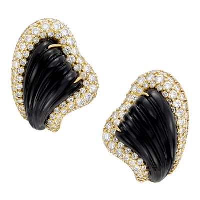 Lot 180 - Pair of Gold, Fluted Black Onyx and Diamond Earclips, Kurt Wayne
