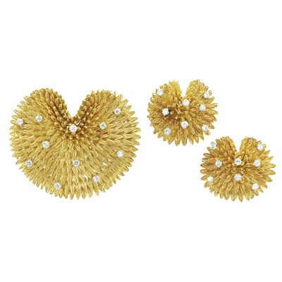 Lot 265 - Gold and Diamond Pendant Clip-Brooch and Pair of Earclips, France