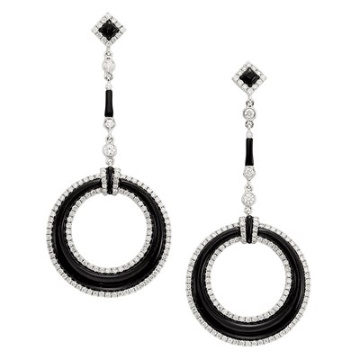 Lot 100 - Pair of White Gold, Black Onyx and Diamond Pendant-Earrings
