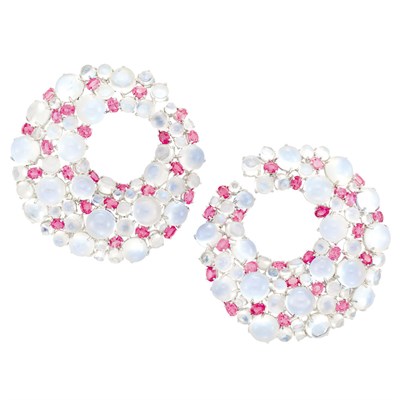 Lot 65 - Pair of White Gold, Moonstone and Pink Sapphire Earrings