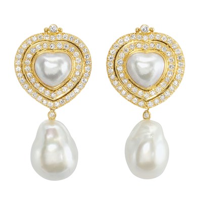 Lot 290 - Pair of Gold, Mabe Pearl, Diamond and South Sea Baroque Cultured Pearl Pendant-Earclips