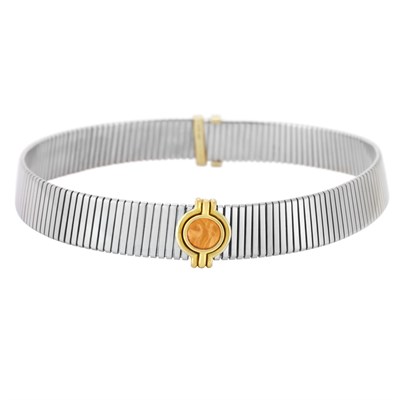 Lot 34 - Stainless Steel, Gold and Orange Glass Intaglio 'Tubogas' Slide Choker Necklace, Bulgari