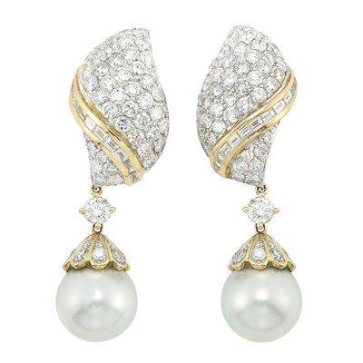 Lot 13 - Pair of Two-Color Gold, Diamond and South Sea Cultured Pearl Pendant-Earclips