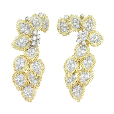 Lot 266 - Pair of Two-Color Gold and Diamond Pendant-Earrings