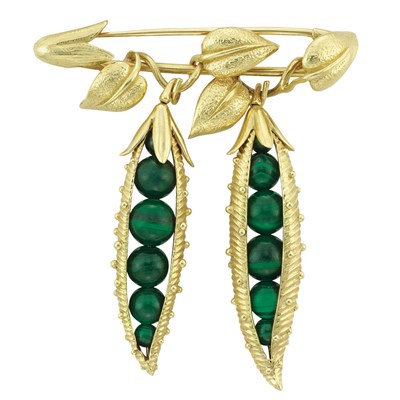 Lot 169 - Gold and Malachite Bead Pea Pod Brooch, Tiffany & Co., Schlumberger