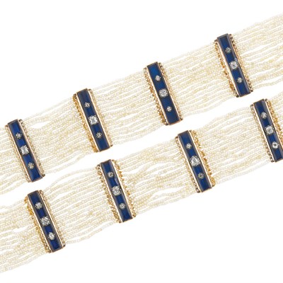 Lot 104 - Pair of Antique Multistrand Seed Pearl, Gold, Silver, Enamel and Diamond Bracelets/Necklace Combination
