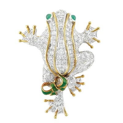 Lot 263 - Two-Color Gold, Diamond, Cabochon Emerald and Enamel Frog Brooch