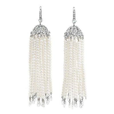 Lot 98 - Pair of White and Blackened White Gold, Diamond, Cultured Pearl and Briolette Diamond Pendant-Earrings