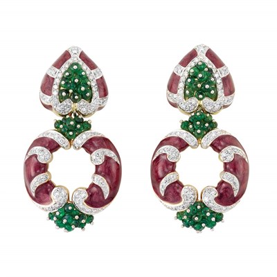 Lot 173 - Pair of Two-Color Gold, Enamel, Diamond and Emerald Bead Pendant-Earclips, Giovane
