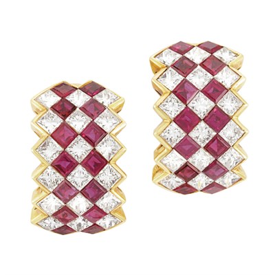 Lot 343 - Pair of Gold, Diamond and Ruby Half-Hoop Earclips, Oscar Heyman Bros.