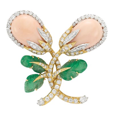 Lot 369 - Gold, Platinum, Coral, Diamond and Carved Emerald Brooch, David Webb