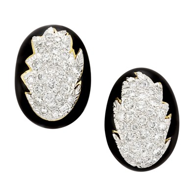 Lot 253 - Pair of Gold, Platinum, Diamond and Black Enamel Earrings, David Webb