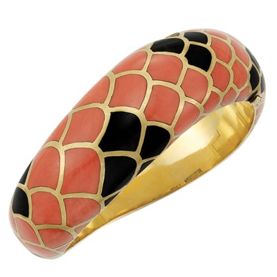 Lot 25 - Gold, Coral and Black Onyx Bangle Bracelet, Angela Cummings