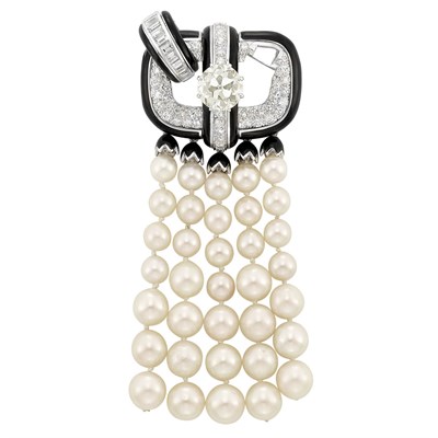 Lot 252 - Platinum, White Gold, Diamond, Black Enamel and Cultured Pearl Fringe Pendant, David Webb, and Cultured Pearl Necklace
