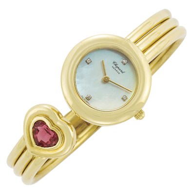 Lot 209 - Gold, Mother-of-Pearl, Pink Tourmaline and Diamond Bangle-Watch, Chopard