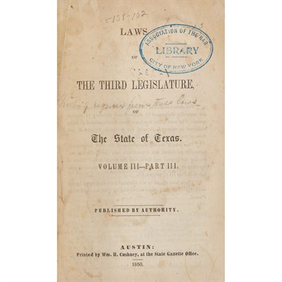 Lot 100 - [TEXAS] Group of Texas legal imprints, 1850-60,...