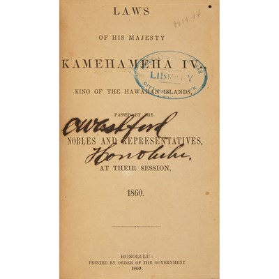 Lot 106 - [HAWAII] Laws of His Majesty Kamehameha IV.,...