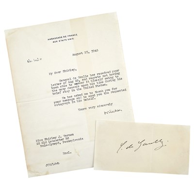 Lot 242 - DE GAULLE, CHARLES Signature, circa 1945, on...