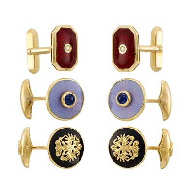 Lot 97 - Two Pairs of Gold, Guilloche Enamel, Cabochon Sapphire and Diamond Cufflinks and Pair of Gold and Black Enamel Cufflinks