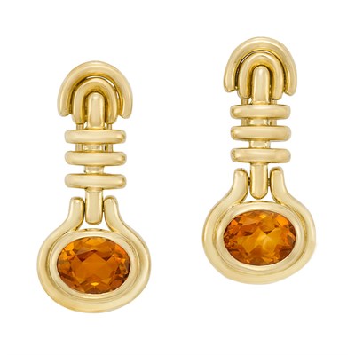 Lot 14 - Pair of Gold and Citrine Pendant-Earclips, Bulgari