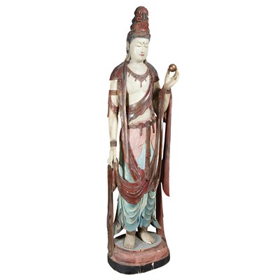 Lot 76 - Chinese Painted Wood Figure of Guanyin Carved...