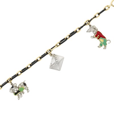 Lot 105 - Gold, Black Enamel, Diamond and Gem-Set Charm Bracelet