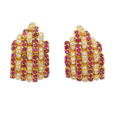 Lot 275 - Pair of Gold, Ruby and Diamond Hoop Earclips