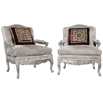 Lot 77 - Pair of Rococo Style Silver Painted Fauteuils...