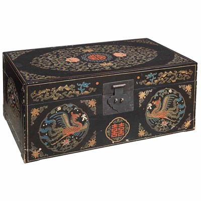 Lot 92 - Chinese Black Lacquered Trunk Decorated with...