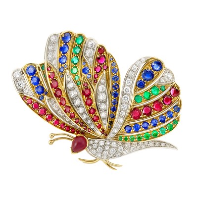 Lot 276 - Two-Color Gold, Diamond and Gem-Set Butterfly Brooch