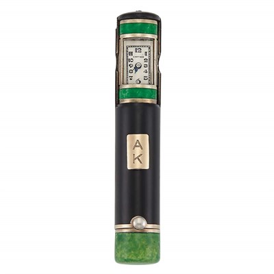 Lot 82 - Art Deco Silver, Gold and Enamel Lipstick-Watch Holder, Cartier