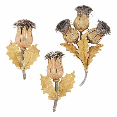 Lot 216 - Two-Color Gold and Silver Thistle Brooch and Pair of Earclips, Buccellati