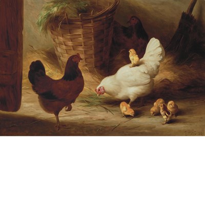 Lot 11 - Edgar Hunt English, 1876-1953 Hens and Chicks,...