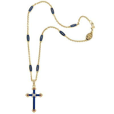 Lot 123 - Gold, Enamel, Diamond and Ruby Cross Pendant-Necklace, Faberge
