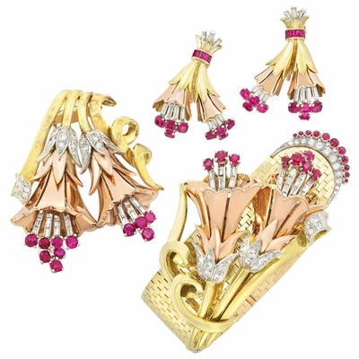 Lot 409 - Retro Two-Color Gold, Platinum, Diamond and Ruby Bangle Bracelet, Cartier, Clip-Brooch, France, and Pair of Earclips