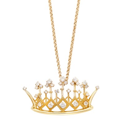 Lot 390 - Gold and Diamond Crown Pendant-Brooch with Chain Necklace