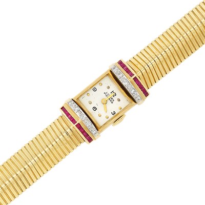 Lot 393 - Two-Color Gold, Diamond and Ruby Wristwatch, Lucien Piccard