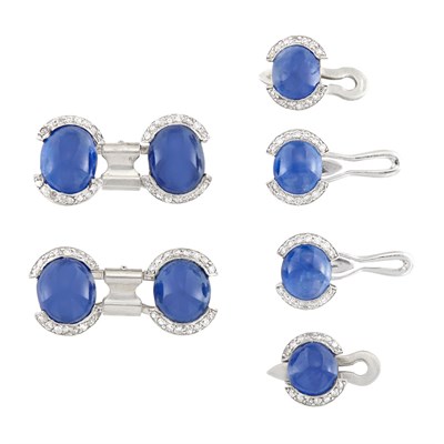 Lot 389 - Platinum, White Gold, Cabochon Sapphire and Diamond Dress Set