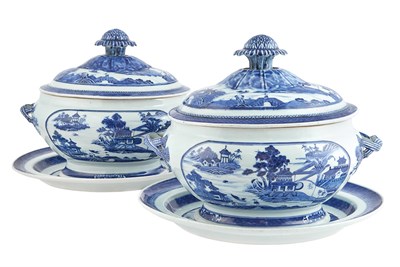 Lot 275 - Pair of Canton Blue and White Porcelain Oval...