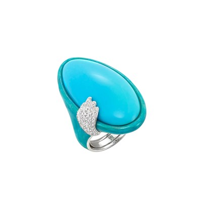 Lot 178 - White Gold, Turquoise, Diamond and Enamel Ring