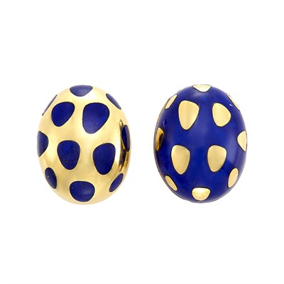Lot 338 - Pair of Gold and Lapis 'Positive and Negative' Earclips, Tiffany & Co.
