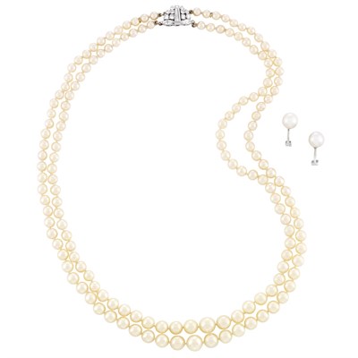 Lot 16 - Double Strand Cultured Pearl Necklace with Diamond Clasp and Pair of Platinum and Cultured Pearl Earclips, France