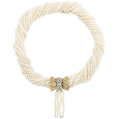 Lot 170 - Twelve Strand Cultured Pearl Torsade Necklace with Two-Color Gold and Diamond Clasp with Fringe